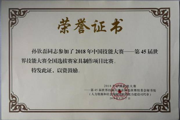 说明: 孙钦磊——参加国家选拔赛家具制作项目证书